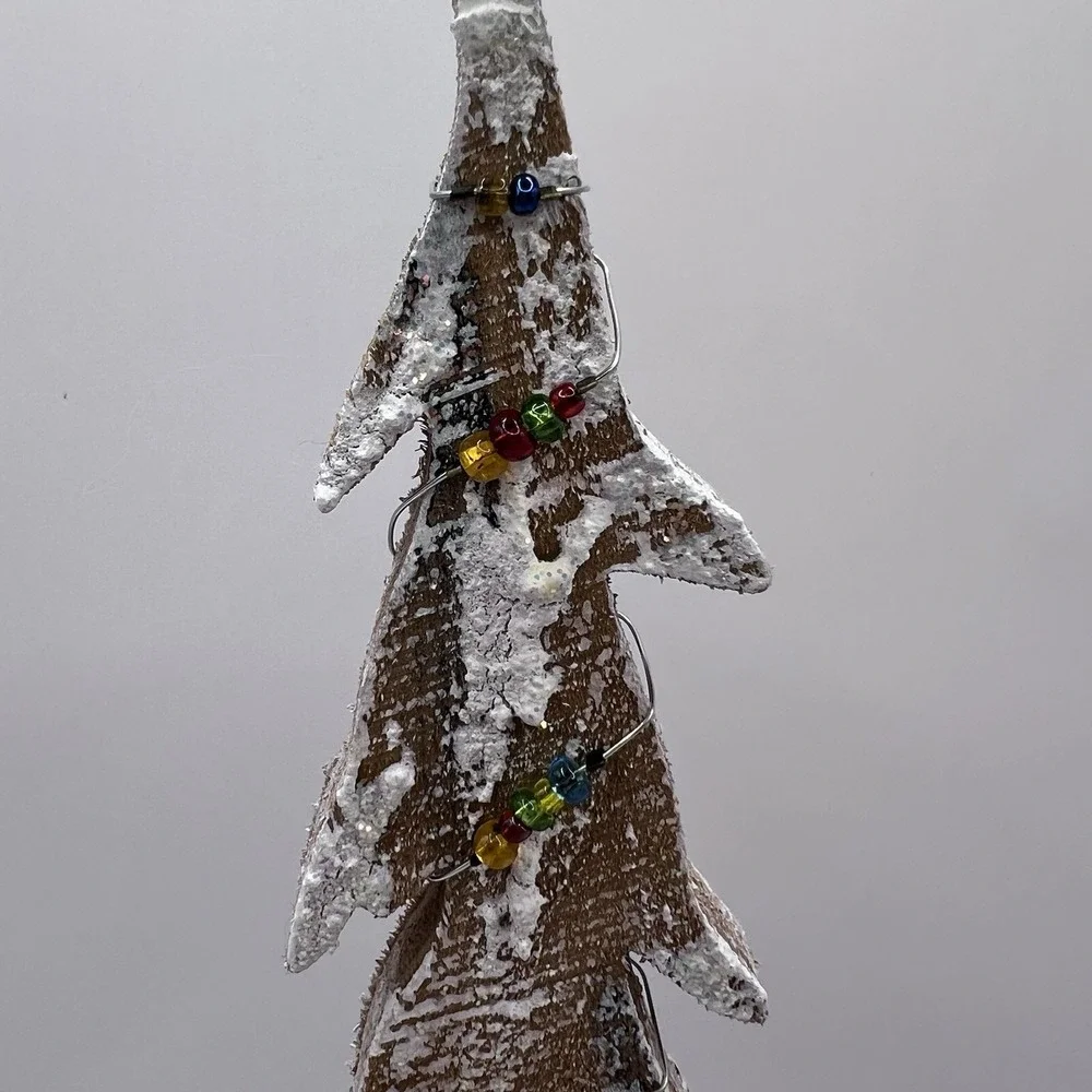 Wood Christmas Tree Flocked Snow String Of Lights with Beads Sparkles 9.5